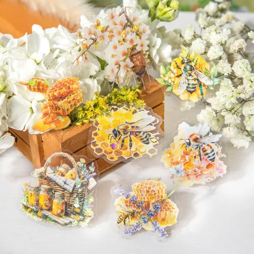 Miniatura 5 de 60 piezas de calcomanías holográficas de abejas de jardín para niñas estéticas – Calcomanías transparentes de abejas, florales, de panal
