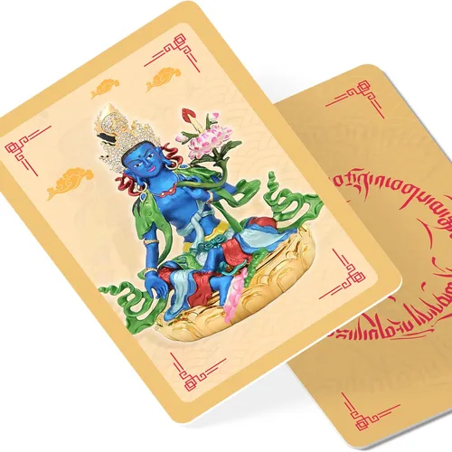 Blue Tara Gau Sitting on A Golden Lotus - Tarjeta de amuleto de Feng Shui, diosa de la victoria, símbolo de protección contra obstáculos y malas