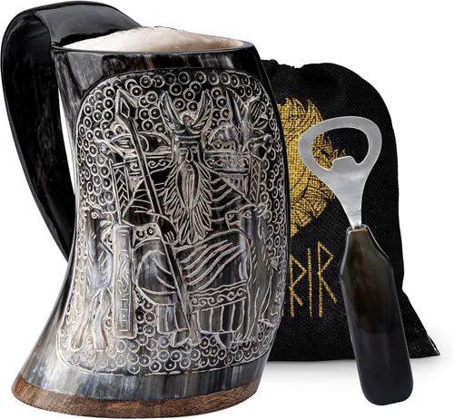 Miniatura 7 de FENRIR Cuerno vikingo para beber de 16 oz con soporte y abridor para cerveza, ale, mead, regalo para hombres y mujeres 100% auténtico hecho a mano
