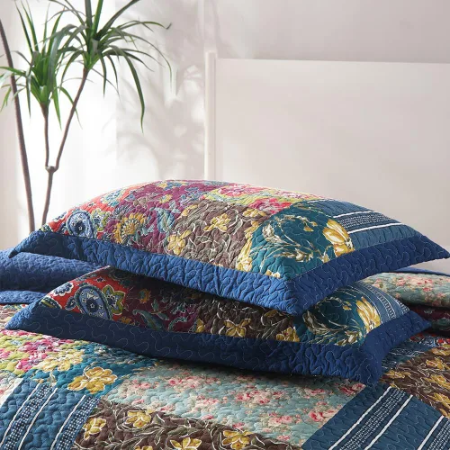 Miniatura 6 de VISIMISI - Juego de colcha de algodón, juego de cubrecama reversible de retazos, 3 piezas, diseño vintage floral de mosaico azul, tamaño queen