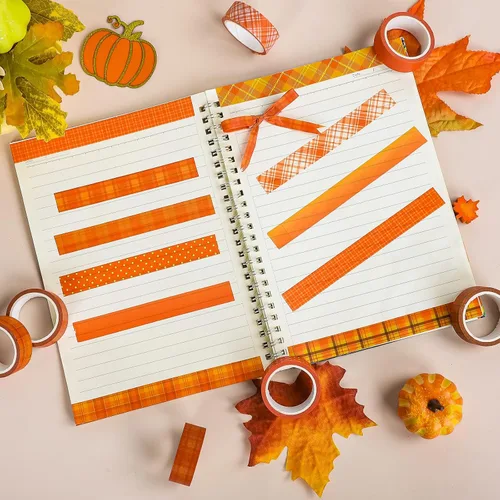 Miniatura 4 de Whaline 12 rollos de cintas Washi de otoño a cuadros naranja rojo búfalo cinta decorativa de otoño de color sólido de lunares con patrón de cinta
