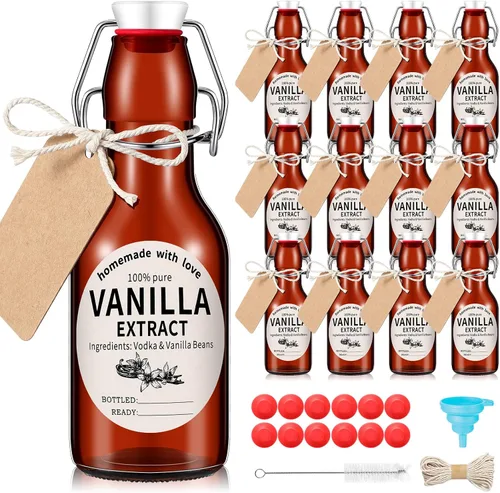 Miniatura 9 de Vesici Juego de 8 botellas de vidrio con tapa oscilante ámbar, botellas de extracto de vainilla casero, frascos de extracto de vainilla