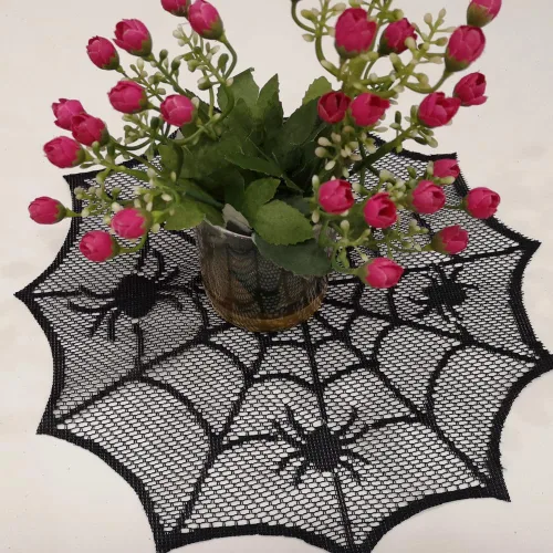 Juego de 4 manteles individuales redondos de Halloween de 12 pulgadas, manteles individuales de tela de araña negra de poliéster con diseño hueco,