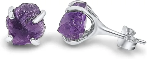 Miniatura 41 de Natural raw gemstone stud earrings with white gold over 925 sterling silver, 6 to 7mm rough genuine quality birthstone gift for her, Uniquelan