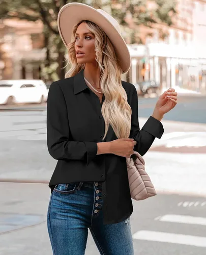 Miniatura 2 de siliteelon Camisas de manga larga con botones de gasa para mujer: blusas de trabajo con cuello para negocios, oficina, vestidos casuales