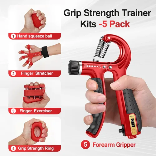 Miniatura 2 de Grip Strength Trainer Kit (5 Pack) Adjustable Resistance Hand Gripper,Finger Exerciser,Hand Extension Exerciser,Stress Relief Ball and Forearm Rojo