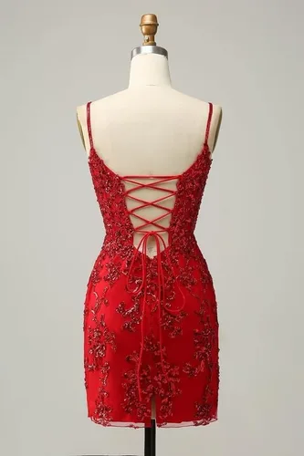 Miniatura 5 de Vestidos ajustados de encaje de lentejuelas para adolescentes, tirantes delgados, cuello en V, vestido corto de graduación, mini vestido de cóctel
