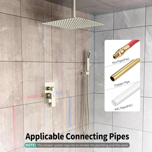 Miniatura 3 de SR SUN RISE Sistema de Ducha de Níquel Cepillado de 16 Pulgadas para Baño de Lujo con Mezclador de Lluvia, Juego Combinado de Ducha con Cabezal