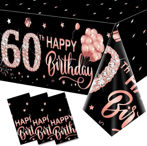 Paquete de 3 manteles de decoración de cumpleaños número 60 de color rosa dorado rosa – tema de feliz sesenta, mantel rectangular desechable de Oro