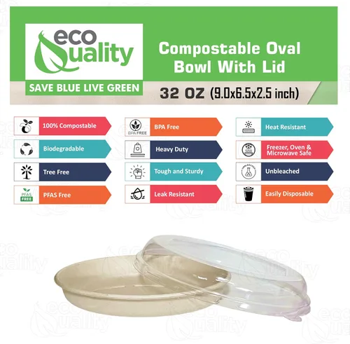 Miniatura 2 de Cuencos de burrito ovalados desechables de fibra compostable de 32 onzas con tapas de cúpula, resistentes, ecológicos, bagazo natural sin blanquear