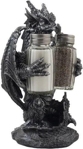 Miniatura 3 de Home-n-Gifts - Juego de salero y pimentero de dragón mítico con figura de soporte para decoración medieval y de fantasía o mesa de cocina