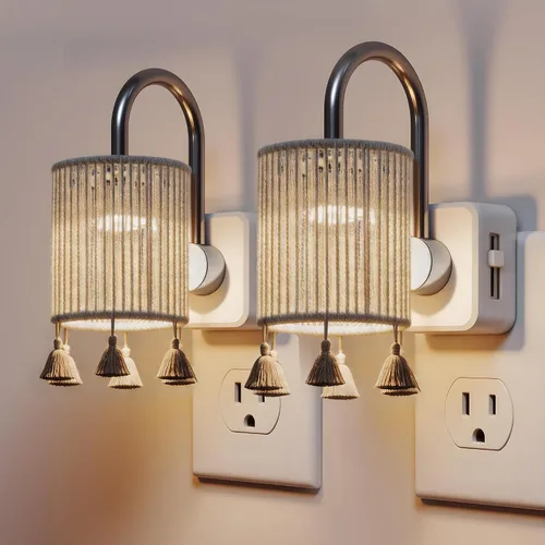 Miniatura 24 de L LOHAS LED Luces Nocturnas Enchufables en la Pared, Luz Nocturna Decorativa de Cilindro de Tela Boho con Borla, Sensor de Crepúsculo a Amanecer