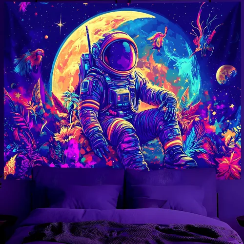 Miniatura 33 de BVBOX Tapiz de astronauta espacial con luz negra, reactivo a los rayos UV, galaxia, planeta que brilla en la oscuridad, póster de luz negra, arte