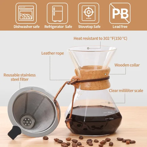 Miniatura 6 de Cafetera de Goteo 14 OZ, 4 Tazas Cafetera de Vidrio de Borosilicato con Filtro de Acero Inoxidable Reutilizable y Empuñadura de Corcho para Café