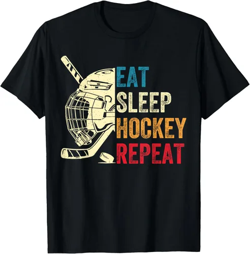 Eat Sleep Hockey Repeat - Camiseta retro vintage de hockey sobre hielo para niños y adultos, Negro -