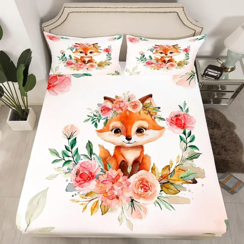 Miniatura 9 de Manfei Sábana bajera ajustable de búho de dibujos animados, tamaño individual, juego de ropa de cama de flores en acuarela de 2 piezas para Multi 09