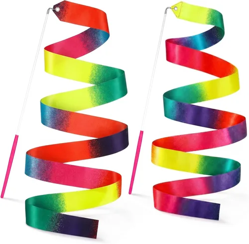 Miniatura 8 de YGEOMER 2 varillas bailarinas de cinta de seda 100% pura para niños, cinta de gimnasia y serpentinas arcoíris pastel para baile de maypole, fiesta
