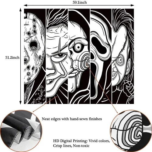 Miniatura 6 de Tapiz de Cara de Terror Blanco y Negro Trippy para Colgar en la Pared, Decoración de Halloween, Tapiz de Fiesta para Dormitorio, Sala de Estar