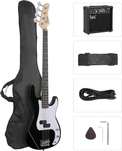 GLARRY Kit para principiantes de bajo eléctrico de tamaño completo, 4 cuerdas, exquisito bajo de tilo con amplificador de 20 W, cable, correa, bolsa