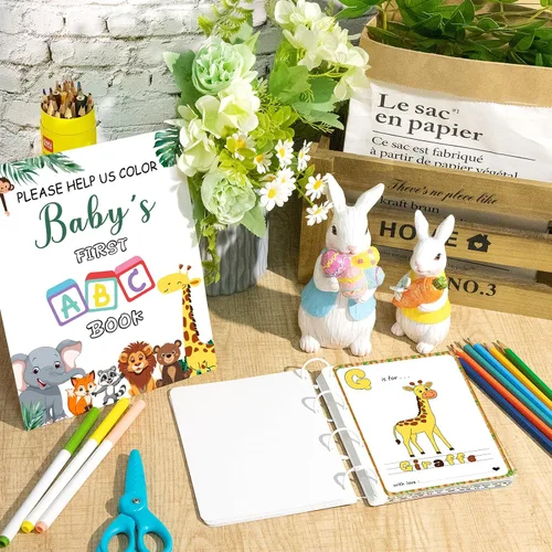 Miniatura 5 de Baby's First ABC Book Baby Shower Juego de 26 tarjetas para colorear del alfabeto animal de la A a la Z para baby shower, libro de invitados