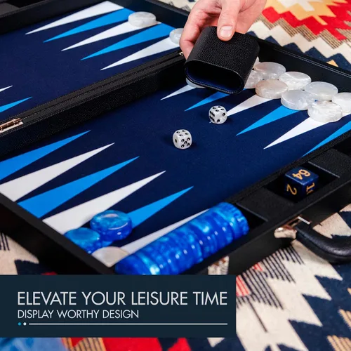 Miniatura 2 de Pointworks Juego de Backgammon Premium de 19 Pulgadas para Adultos de Cuero Negro - Azul. Juego de Fichas y Dados Premium de 1.6 Pulgadas, Juego