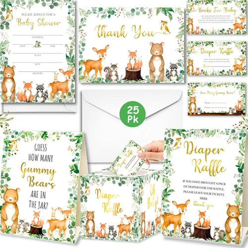 153 invitaciones para baby shower del bosque para niños y niñas con sobres, tarjetas de agradecimiento para bebés, tarjetas de solicitud de libros,