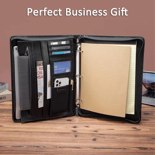 Miniatura 4 de Portafolio de cuero con carpeta de 3 anillas, padfolio de cuero vegano con cremallera, portafolio organizador profesional de negocios para regalo