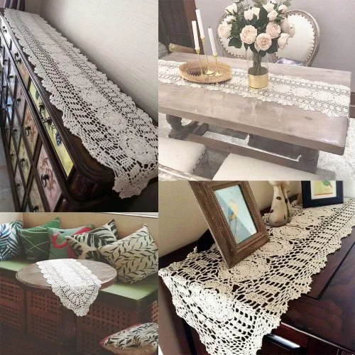 Miniatura 3 de KEPSWET Camino de mesa ovalado de algodón hecho a mano con encaje de ganchillo color beige de 12x36 pulgadas