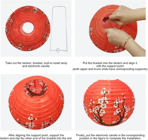 Miniatura 3 de Hoypeyfiy Paquete de 10 linternas de papel de flor de cerezo, 12 pulgadas, linternas japonesas Sakura rojas y blancas, linternas de papel redondas