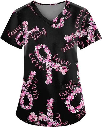 SGASY Camiseta médica de Halloween para mujer, cuello en V, estampado de calabaza, uniformes de trabajo de enfermera, bolsillos, camiseta elástica