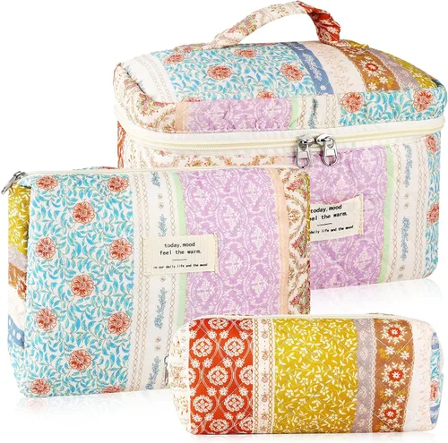 Miniatura 15 de URSKYTOUS Juego de 3 Bolsas de Maquillaje Acolchadas, Set de Bolsas de Cosméticos con Lazo para Viaje, Bolsa Grande de Maquillaje para Mujeres