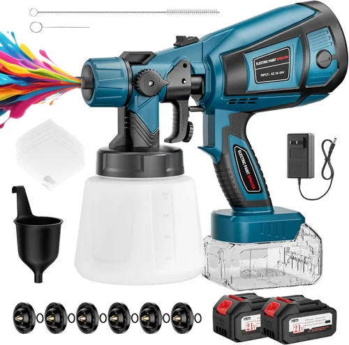 Pulverizador de pintura, pulverizador de pintura inalámbrico de 650 W con batería, 6 boquillas de latón y 3 patrones de pulverización,