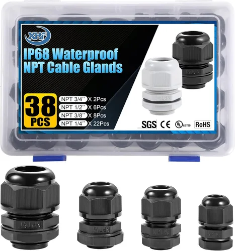 Miniatura 10 de Surtido de prensaestopas de nailon IP68, impermeable, con certificación UL y compatible con RoHS, 20 piezas, alivio de tensión de cable de 1/4 Negro