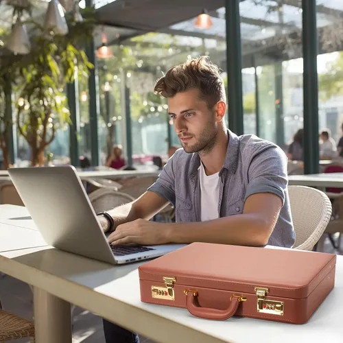 Miniatura 3 de LOCKCURX Maletines para hombres, maletín antirrobo de doble bloqueo con compartimento para laptop de 16 pulgadas, piel sintética impermeable, Marrón