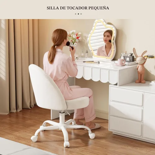 Miniatura 3 de Silla de tocador de terciopelo con ruedas, silla giratoria de maquillaje de altura ajustable, silla de escritorio pequeña sin brazos para Blanco