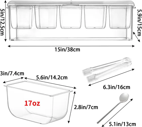 Miniatura 3 de MOLIGOU Servidor de condimentos refrigerado con tapa, bandeja de condimentos refrigerados con 5 compartimentos extraíbles, recipientes para servir