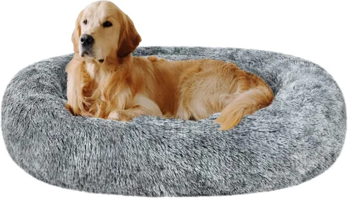 Coohom Cama Ovalada Calmante Tipo Dona Abrazadora para Perros, Cama de Pelo Sintético Afelpado para Gatos Lavable Almohada Redonda para Mascotas Gris
