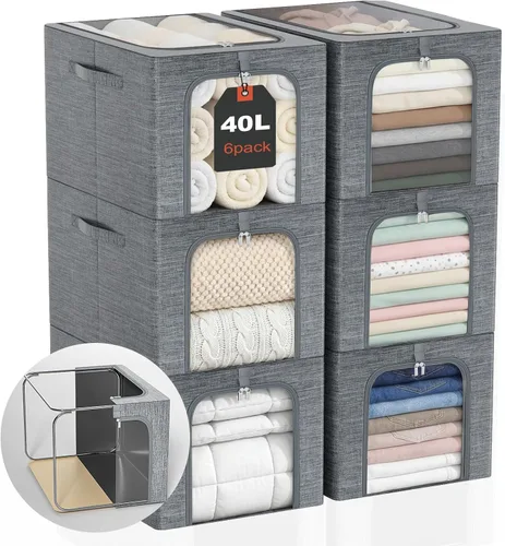 Miniatura 10 de GoMaihe Clothes Storage Bins with Metal Frame, 40L Sweater Storage Boxes for Above Shelf Closet, 4 Pack Stackable Clothing Storage Organizer with