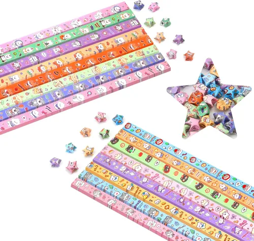 Miniatura 8 de 1120 hojas de tiras de papel para origami en forma de estrella con 2 diseños diferentes de lindos origami de dibujos animados para manualidades DIY