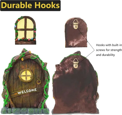 Miniatura 6 de Accesorios de jardín de hadas en miniatura: brilla en la oscuridad puerta y ventanas de hadas para árboles, adorno de jardín de resina verde