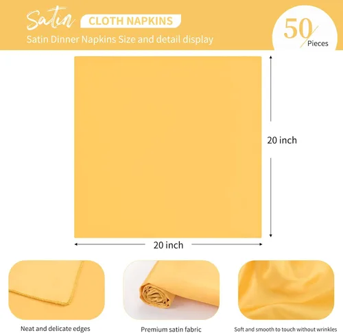 Miniatura 3 de 50 servilletas de tela de satén doradas, servilletas cuadradas de 20 x 20 pulgadas, servilletas de mesa de tela suave y lisa, servilletas lavables