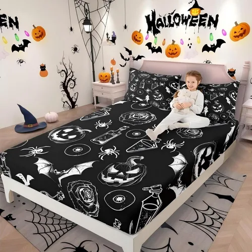 Miniatura 7 de Juego de ropa de cama de Halloween con patrón de sombras kawaii, sábana bajera tamaño queen, decoraciones de calabaza, luces de calabaza góticas