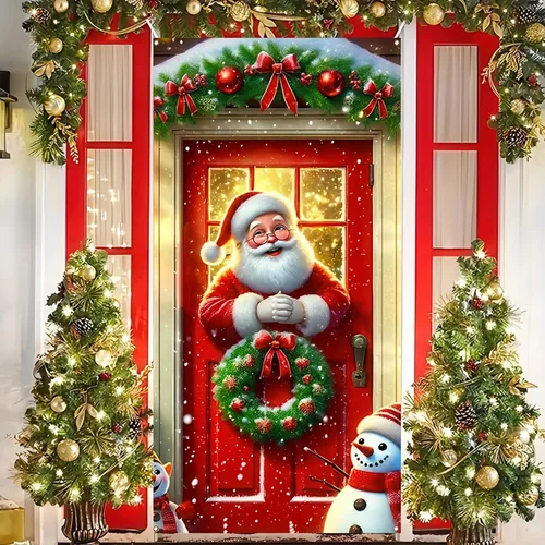 Miniatura 12 de BlissYard Cubierta de puerta de Feliz Navidad de 71 x 35 pulgadas, pancartas para puerta de porche delantero, decoración de invierno, Papá Noel