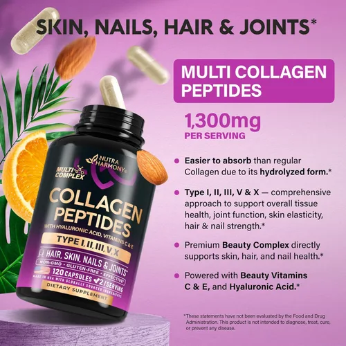 Miniatura 5 de Péptidos de colágeno múltiple – Tipos hidrolizados I, II, III, V y X – Suplemento de colágeno para mujeres 1300mg – con ácido hialurónico, vitaminas