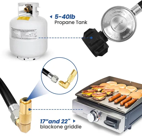Miniatura 4 de Manguera adaptadora de propano de 5 pies con regulador para parrilla Blackstone de 17/22 pulgadas, regulador de parrilla de gas y manguera