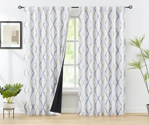 FMFUNCTEX Cortinas 100% opacas de 84 pulgadas de largo para dormitorio, cortinas con patrón geométrico amarillo gris sobre blanco, cortinas para