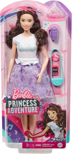 Miniatura 6 de Barbie Muñeca Princess Adventure Renee (morena de 12 pulgadas) en moda y accesorios, con teléfono inteligente, bolso, taza de viaje y tiara, regalo