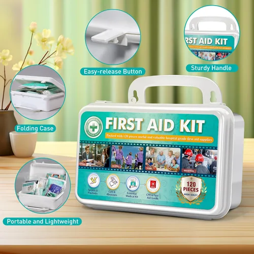 Miniatura 5 de Kit de primeros auxilios General Medi de 120 piezas con estuche duro - Incluye paquete frío instantáneo, manta de emergencia para viajes, hogar