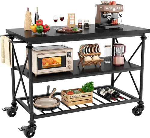 Carrito de isla de cocina Homieasy con ruedas, mesa de isla de cocina de 3 niveles de madera y metal con patas de tubo, estantes de almacenamiento y