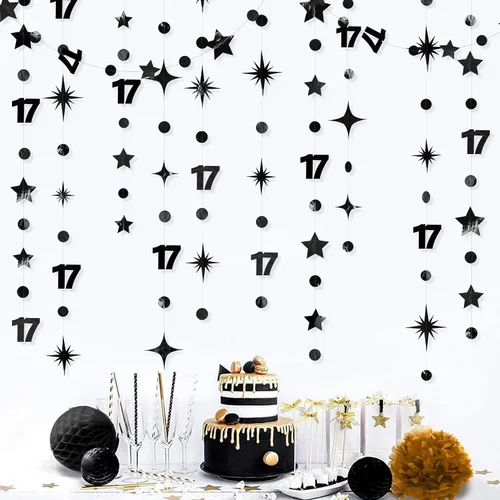 Decoraciones negras de cumpleaños número 17, guirnalda de estrellas y círculos, telón de fondo para niñas y niños, vítores a 17 años de edad,